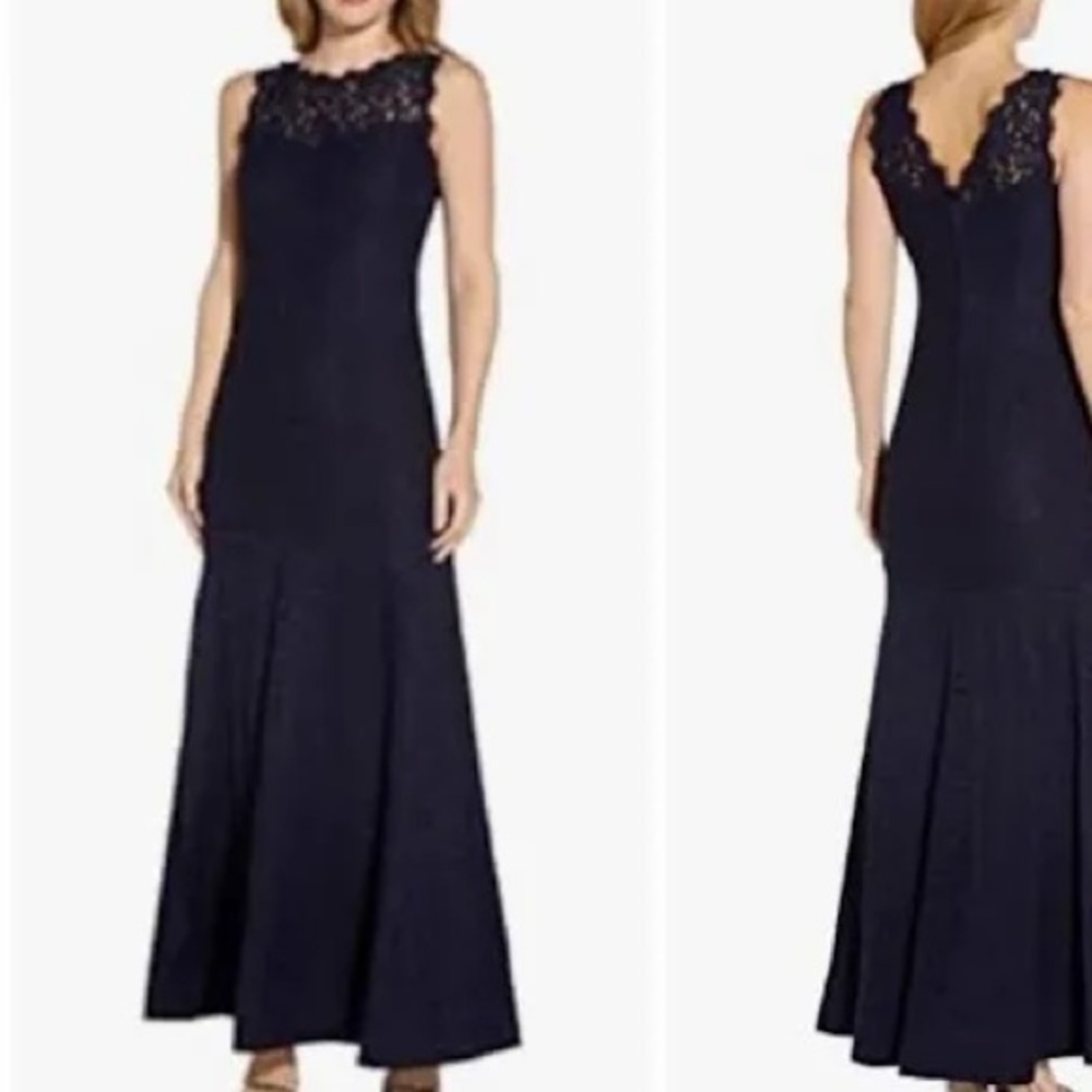 Elegant  Adrianna Papell Navy Lace Evening Gown